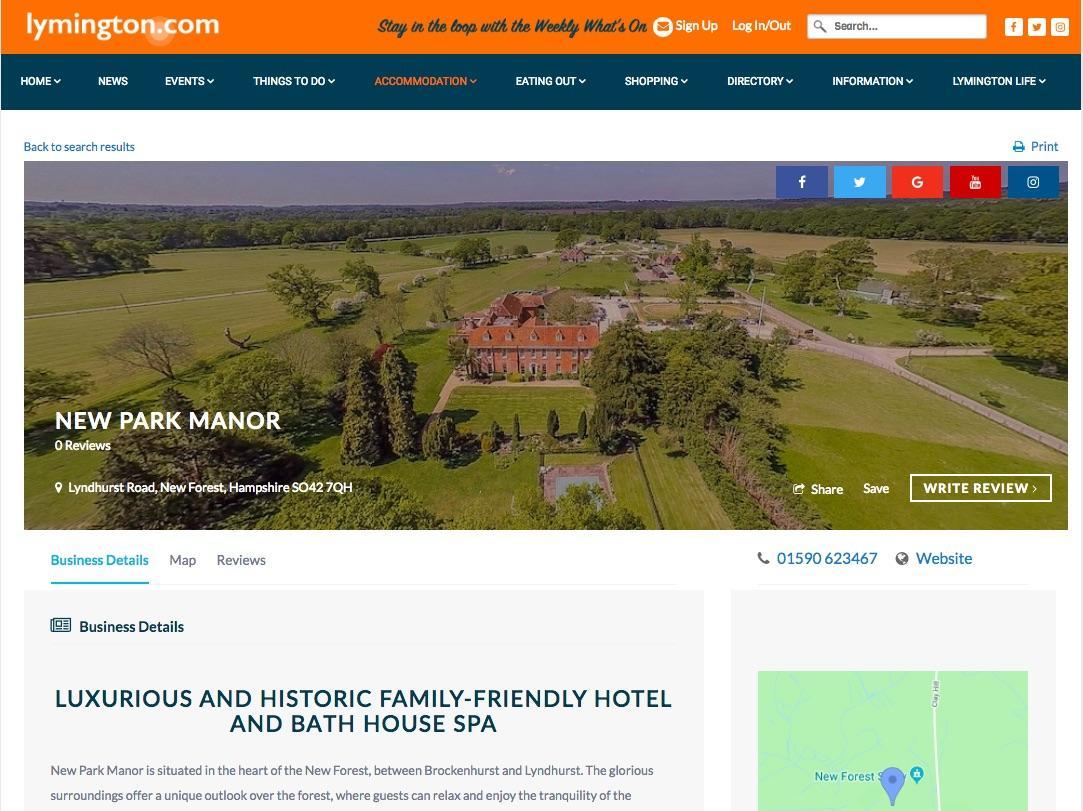 Business Web Page on Lymington.com New Park Manor example