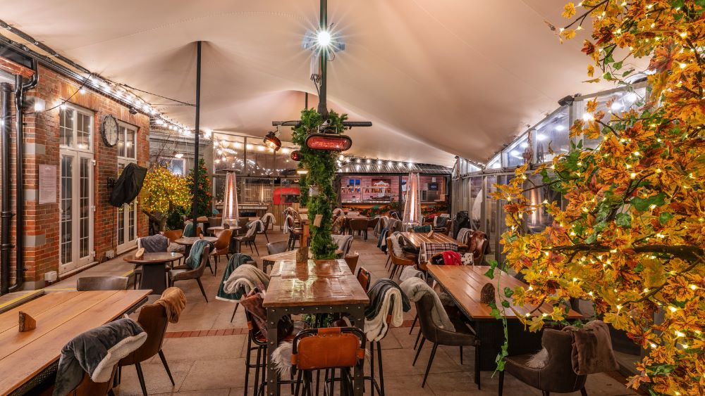 Balmer Lawn party venue with tables and Christmas tree