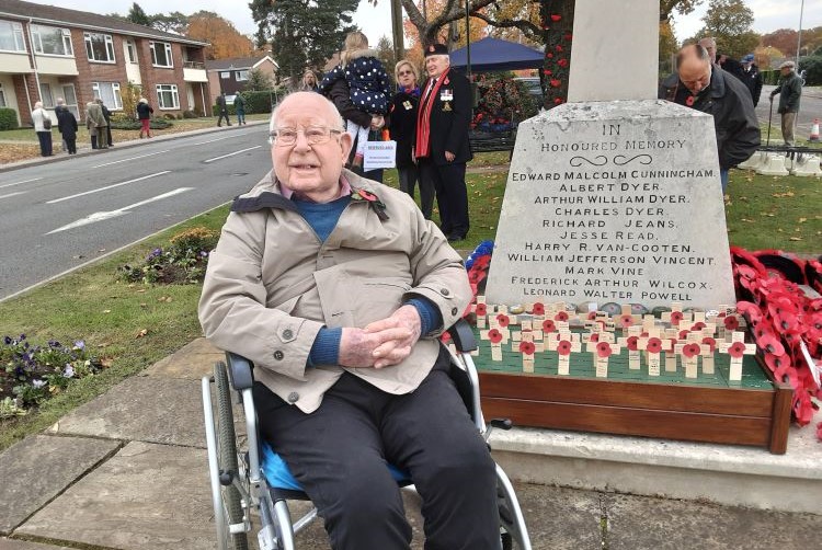 Brook View resident Ken Vivian at the West Moors war memorial where he laid a wreath on behalf of the Colten Care home on Remembrance Sunday 