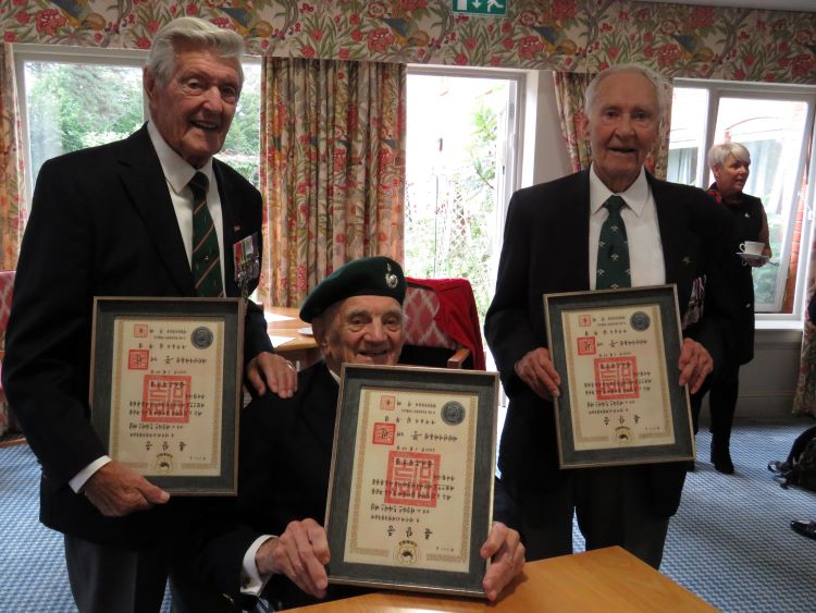 The South Korean government recently produced official thank-you certificates for members of 41 Commando for their help in the Korean War. With Ron Moyse, seated, are two fellow servicemen who came to visit him on his 93rd birthday at Canford Chase care home: Cyril Blackman, left, and Jack Edmunds. 