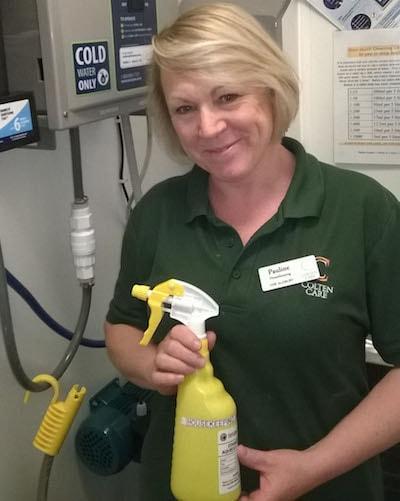 IT’S MAGIC. Pauline Wilford, a member of Colten Care’s housekeeping team, is pictured by an anti-bacterial ‘magic water’ dispenser. Such dispensers are expected to see 19,000 fewer plastic bottles used per year when their roll-out is complete across all 20 Colten Care homes.