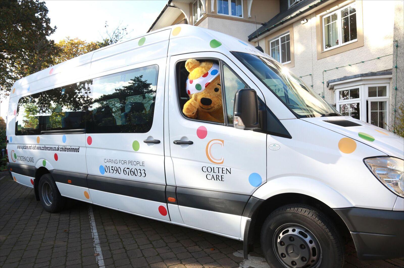 Pudsey tries out the Spotty Colten Care Bus