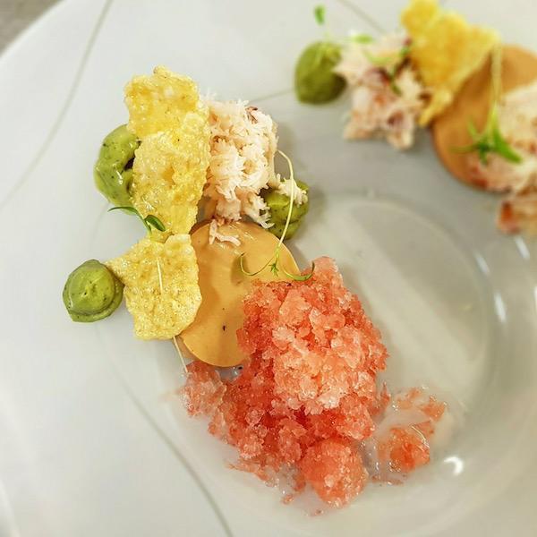Lymington Crab with brown crab custard Avocado Pink Grapefruit Granita