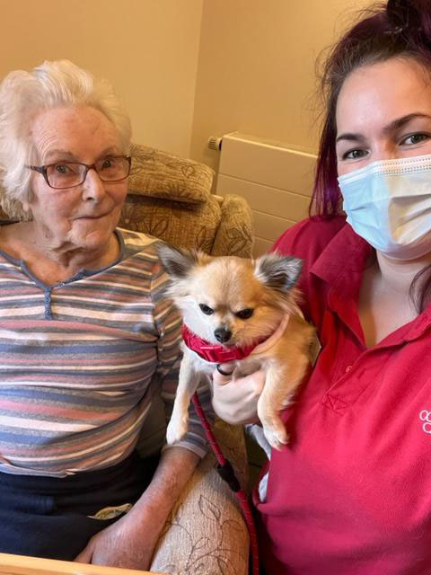 Among the acts of kindness for residents, staff arranged for Nelly the chihuahua, a popular visitor, to make a surprise seasonal appearance. Nelly is pictured with resident Jean Little and Companionship Team leader Cloe Akam