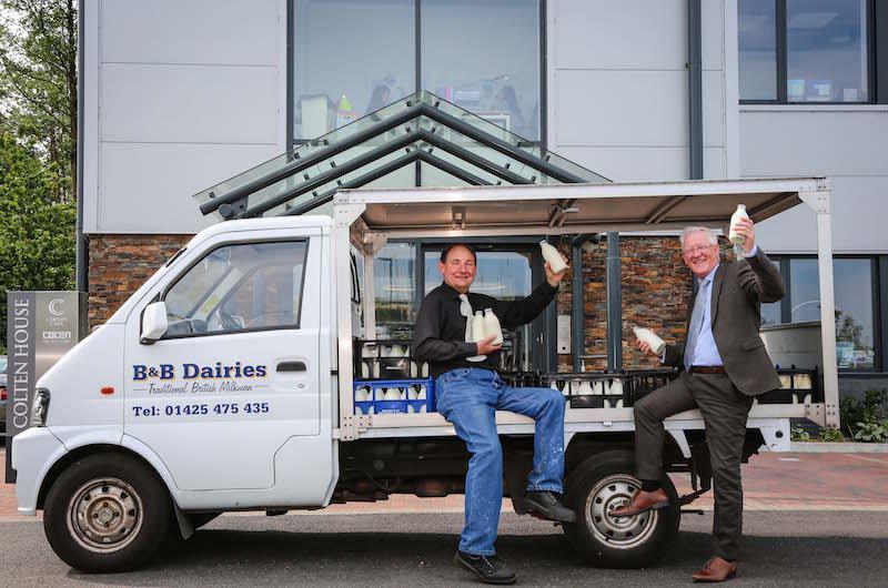 A nearby dairy business, B&B Dairies, now delivers fresh milk to Colten Care’s Ringwood head office in recyclable glass bottles. Milkman Ken Bolton, left, checks a delivery with Fergus Davitt, Colten Care’s Hotel Services Manager.