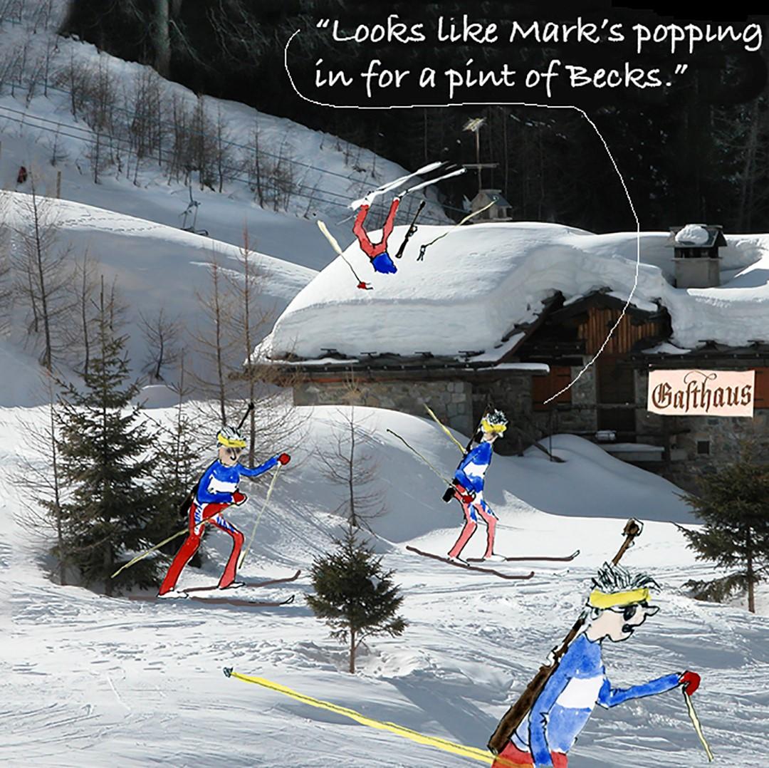 skiers in snowy hamlet