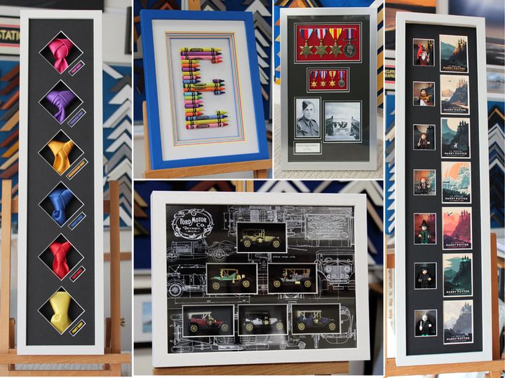 lots of items framed for display