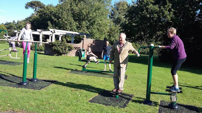 Twister the Mayor Barry Dunning at outdoor gym Woodside Gardens