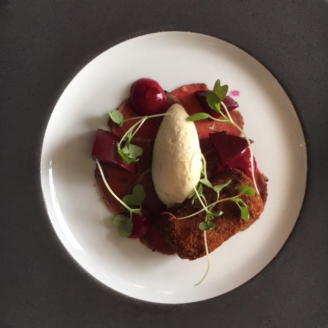 Pondhead Farm beef fillet with crisp brisket croquette, garden beetroot and capers