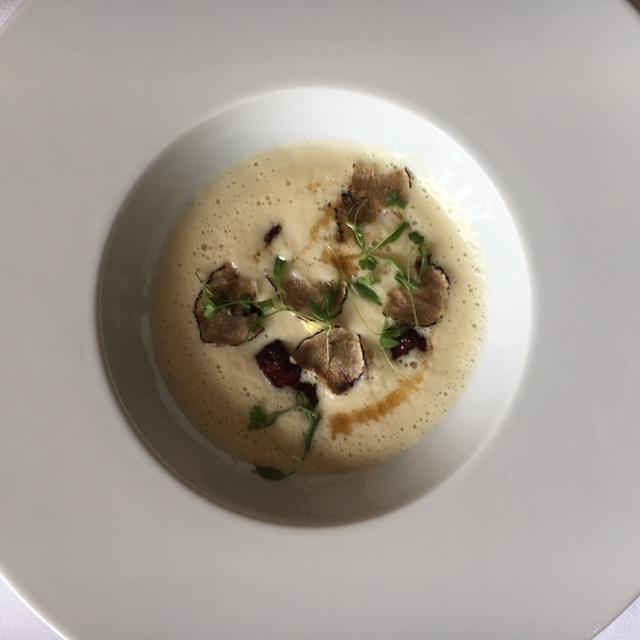 celeriac veloute with smoked belly bacon, celeriac remoulade and summer truffle