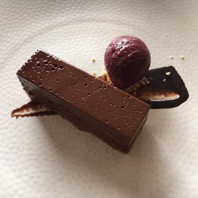 dark chocolate delice with cherry sorbet and almond tuile