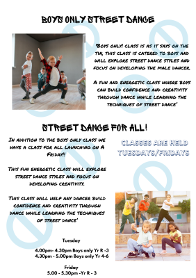 Street Dance Mixed groups and boys only!